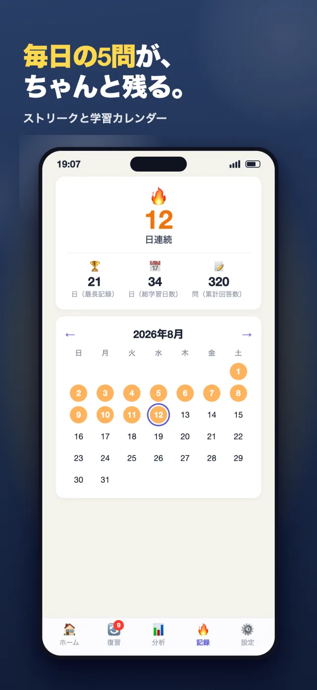 「英検 単語・文法ドリル 3級・準2級・準2級プラス・2級」のスクリーンショット7/8。「毎日の5問が、ちゃんと残る。」学習ストリークとカレンダー画面。